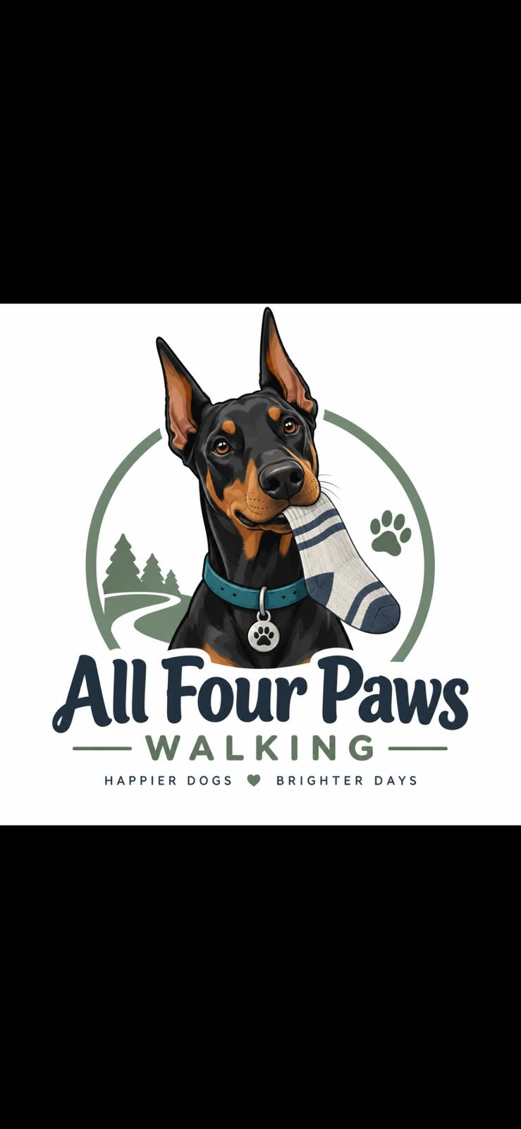 All Four Paws Walking: an illustrated Doberman holding a sock, with a woodland path and the words Happier dogs, brighter days.
